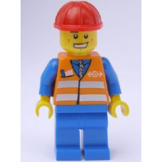 trn232 Orange Vest with Safety Stripes - Blue Legs, Cheek Lines and Wide Grin, Red Construction Helmet